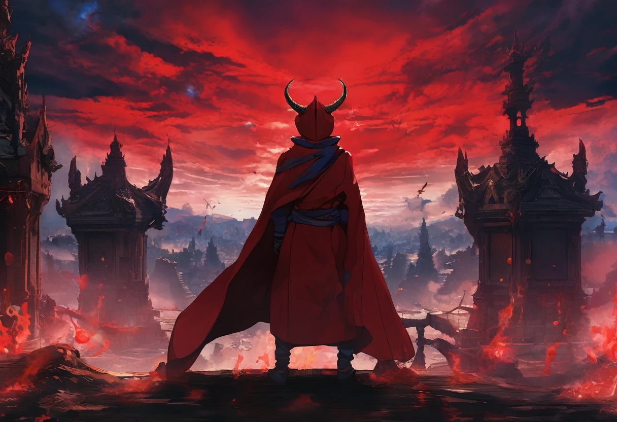 Against the backdrop of smoldering ruins,   demon king、Blue skin、pocket、pocketに目玉がついている、pocketから角が2本出てる、Wearing a red cloak、As the dark entity exerts its other-dimensional power on Earth, Clash of 2.5D realism and captivating anime style