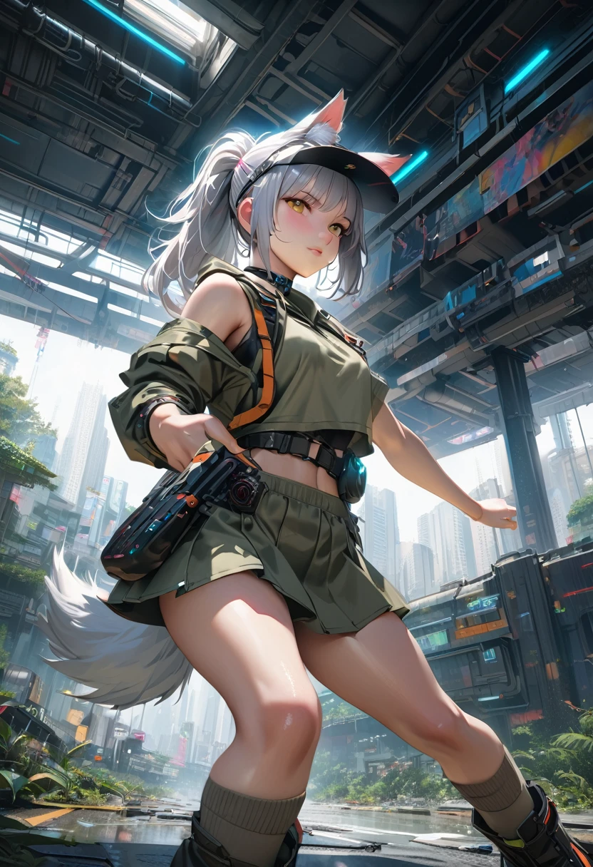 photorealistic,(Masterpiece, BestQuality), (hyperrealistic), (8k,Photorealistic),cyberpunk girl,yo,cute,cheerful,(silver hair,ponytail,wolf ear,sun visor,wolf groves,white and khaki onepiece,mini skirt,wolf tail,khaki knee high socks,platform boots),dynamic pose,absurd, unusual, extraordinary, in cyberpunk landfill, intricate details, depth of field,portrait, sharp,