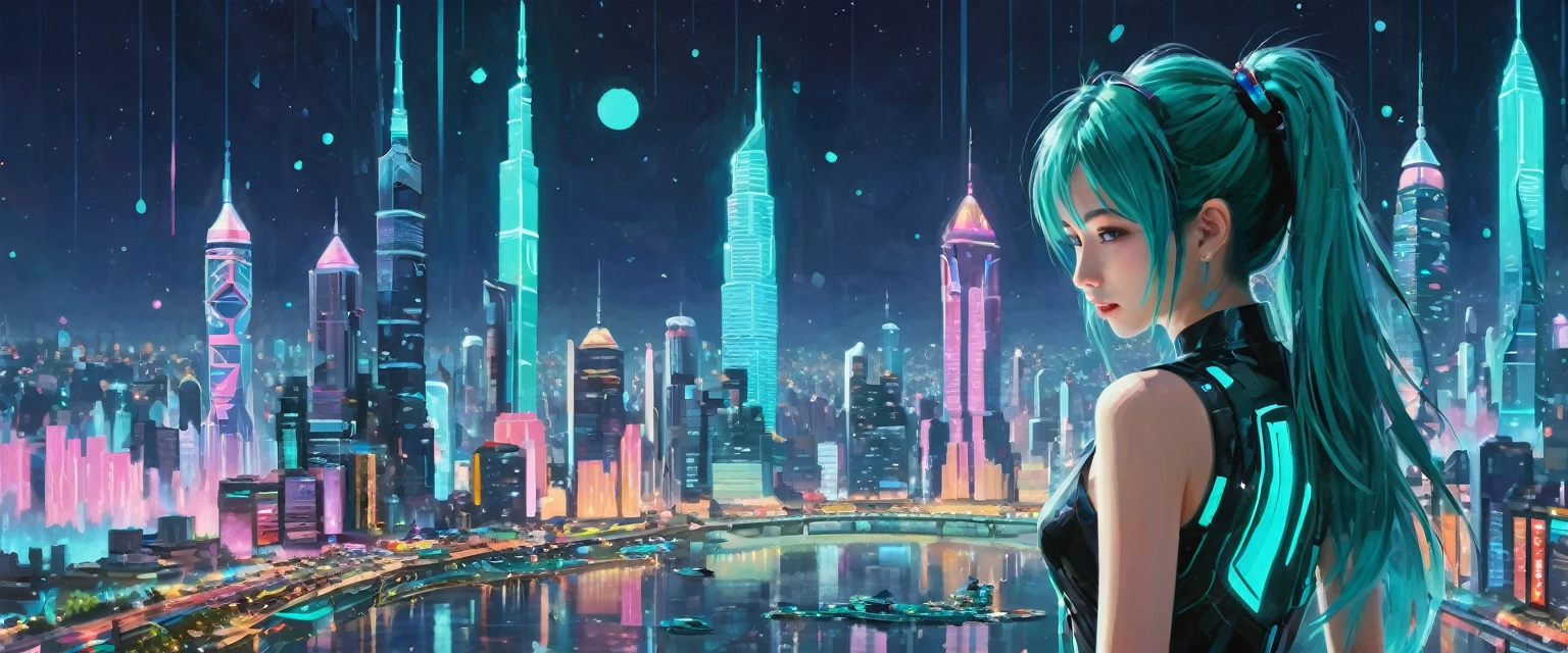 Hatsune Miku、((Masterpieces with up to 16K resolution):1.6), ((Intricate details):1.4), ((Very crazy details):1.4),((Highest quality):1.3),((Soft-colored 4K high-definition digital art):1.3). | (((Futuristic City):1.5))), ((Neon light glow):1.4), ((Future cityscape):1.3), ((サイボーグのHatsune Miku):1.4), ((Digital Advertising and Holograms):1.1), Gouache with Intricate detailss, pastel colour, Drops of ink, Fine brushwork has been improved, Careful brushwork creates a sense of atmosphere, Utilize delicate yet powerful brushwork techniques, Create an enchanting atmosphere. Very fine gouache, ((Unmatched clarity and clarity):1.1), ((A futuristic city rendered in stunning 32K resolution):1.3), ((Paintings of Women by Agnes Cecil):1.3), All in sharp focus.