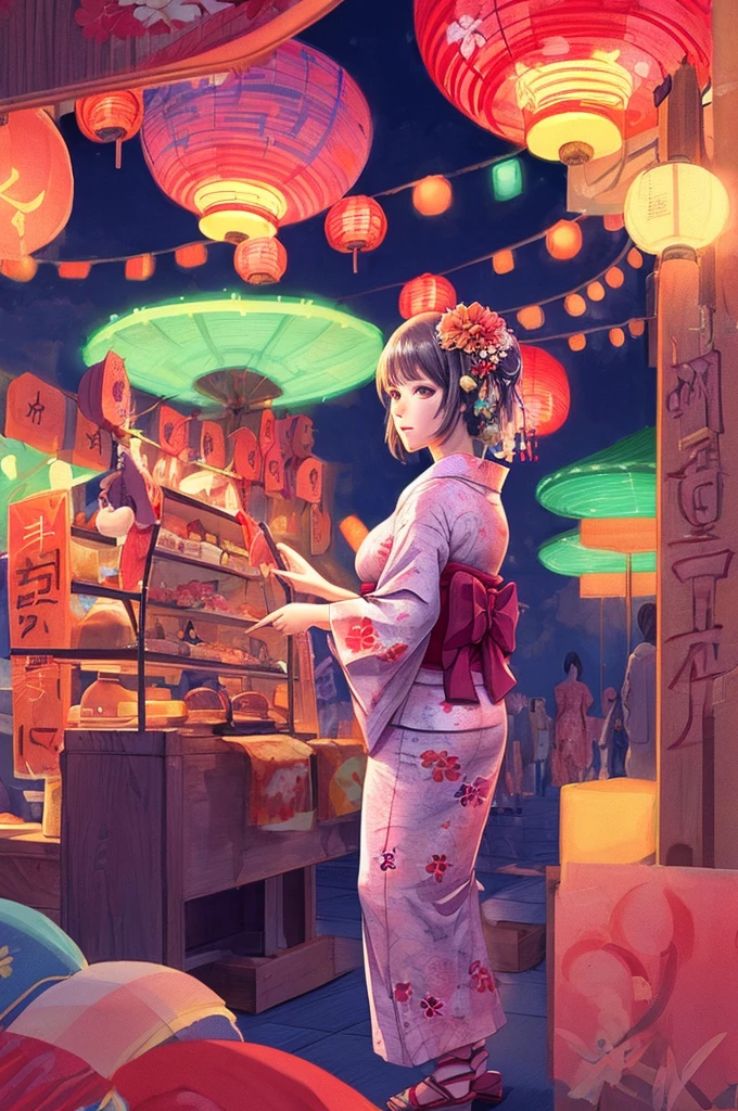 Summer festival,woman,yukata,An illustration,night,multiple