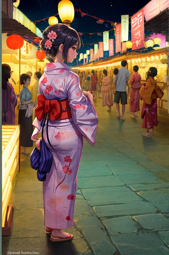 Summer festival,woman,yukata,An illustration,night,multiple