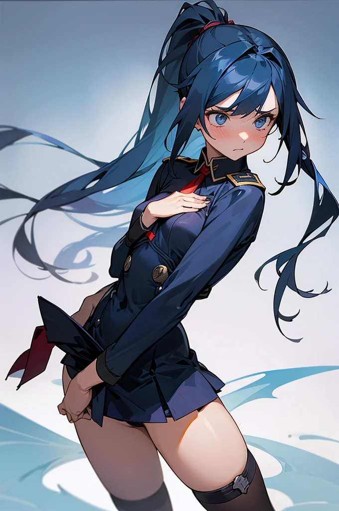 1 girl, One, Laura S.. Arseid (long dark blue hair, ponytail and side bangs, Small breasts), (inspired by cold steel traces) In a school dress, showing off panties, at the military school, embarrassed