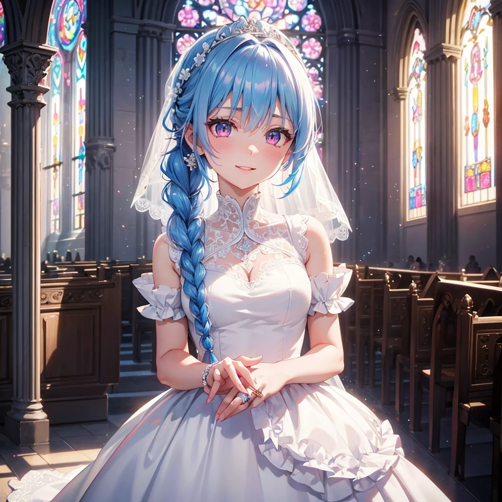 Sky blue hair, (Braided Ponytail),(Pink Eyes),Fair skin ,(whole body),(One Girl),bride,Big smile,Straight bangs, 6月のbride,Wedding dress,(masterpiece, Highest quality, Very detailed, Best Shadow), (Detailed Background), (Beautifully detailed face), High Contrast, (Best lighting, Very delicate and beautiful), ((Cinematic Light)), colorful, Hyper Detail 8k, Dramatic Light, Intricate details,Pure white sparkling background,A bouquet of roses in the right hand,Ring on left ring finger,church、cathedral、Stained glass、Sacred Light、