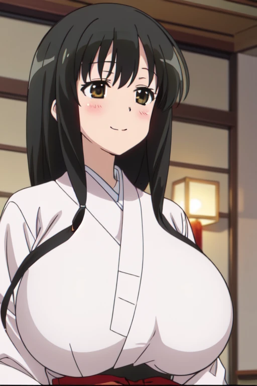 anime screencap, masterpiece, best quality, high resolution, 2D, anime cels, best quality, high resolution, 1girl, kasumi iwato, japanese clothes, japan architecture, (huge breasts:1.4), blush, embarrassed, smile, looking away