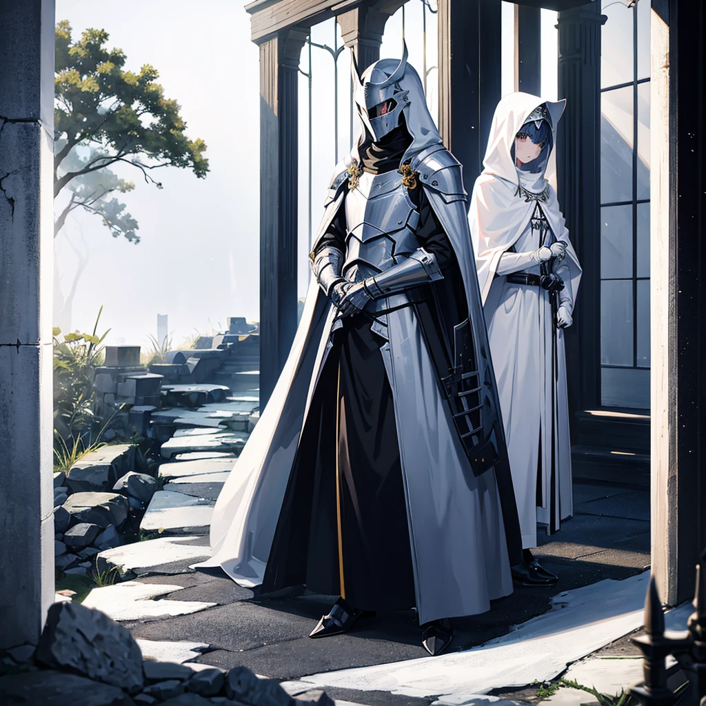 anime style, knight standing near the gate, his armor is white, and the cloak is also white. Face covered with helmet.