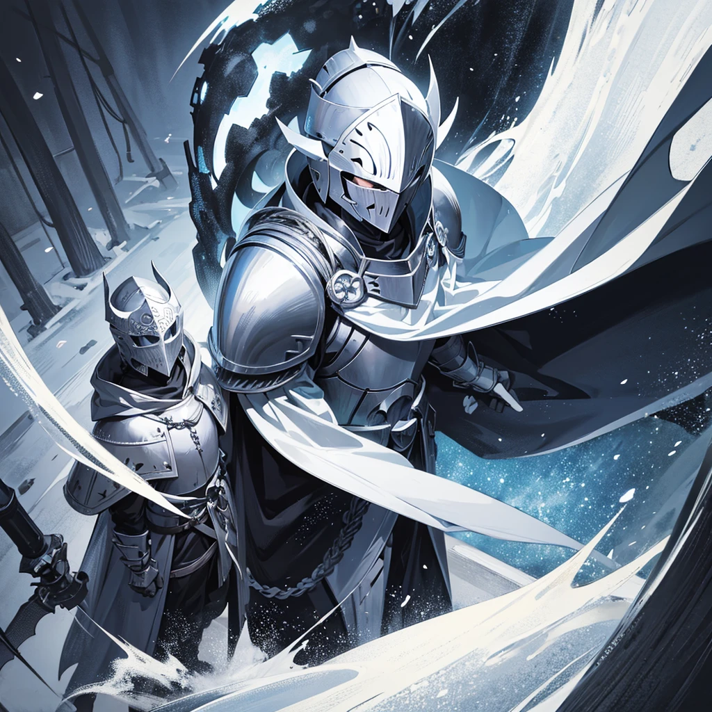 anime style, knight standing near the gate, his armor is white, and the cloak is also white. Face covered with helmet. 
