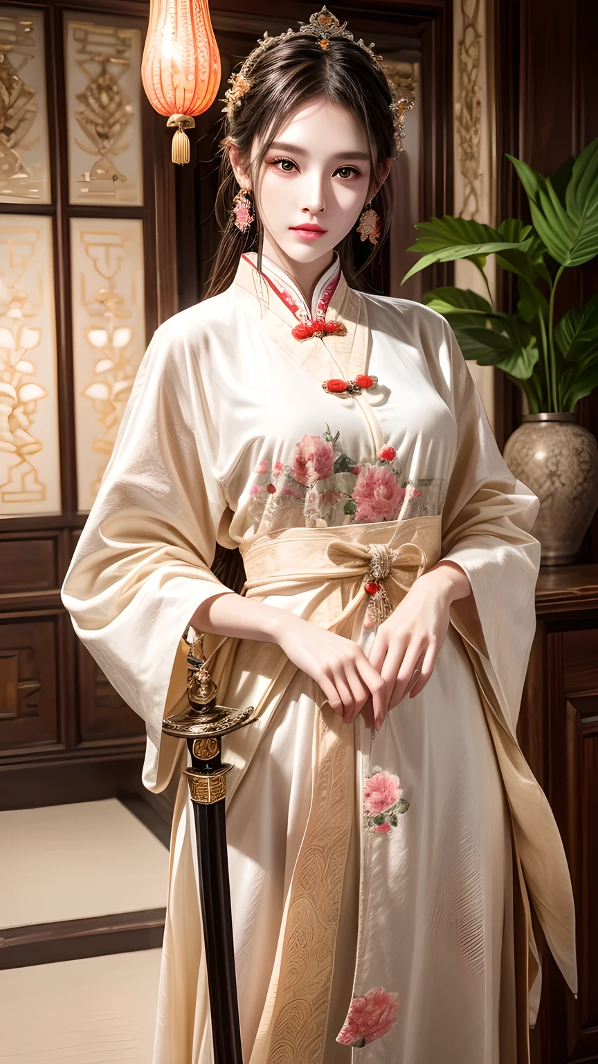 best quality, masterpiece, high resolution,A girl,Pretty Face,whole body,Chinese clothes,White Taoist robe,Right hand holding sword (Gorgeous decoration),peach,