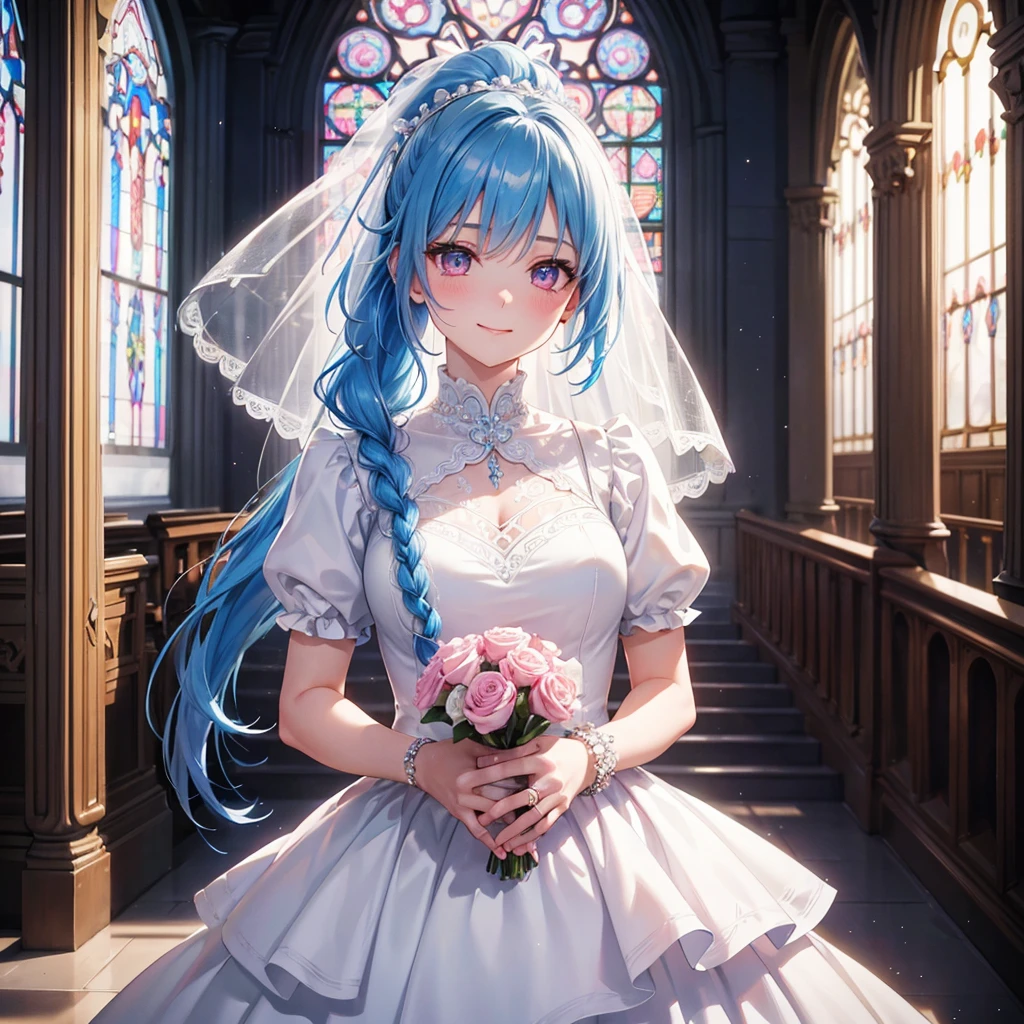 Sky blue hair, (Braided Ponytail),(Pink Eyes),Fair skin ,(whole body),(One Girl),bride,Big smile,Straight bangs, 6月のbride,Wedding dress,(masterpiece, Highest quality, Very detailed, Best Shadow), (Detailed Background), (Beautifully detailed face), High Contrast, (Best lighting, Very delicate and beautiful), ((Cinematic Light)), colorful, Hyper Detail 8k, Dramatic Light, Intricate details,Pure white sparkling background,A bouquet of roses in the right hand,Ring on left ring finger,church、cathedral、Stained glass、Sacred Light、
