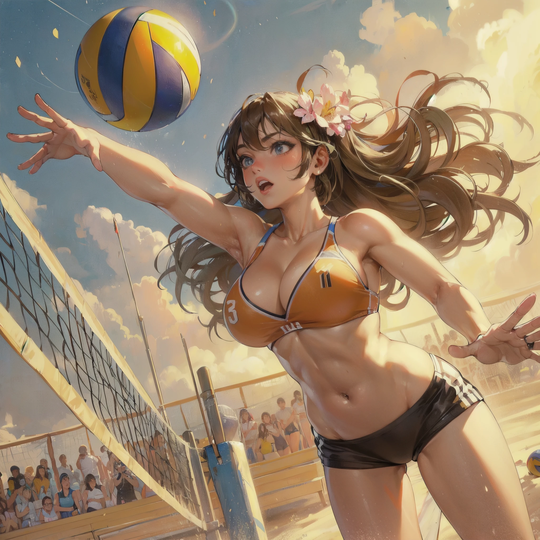 masterpiece, (textured skin), best quality, gorgeous beautiful girl, (a female beach volleyball athlete), detailed clothes,large breasts,narrow waist,, (beautiful face), cinematic lighting, (at beach volleyball venue ),