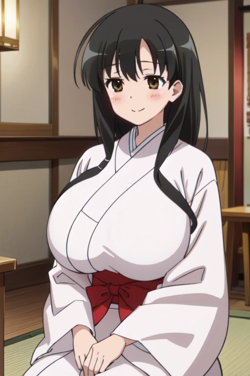 anime screencap, masterpiece, best quality, high resolution, 2D, anime cels, best quality, high resolution, 1girl, kasumi iwato, japanese clothes, japan architecture, (huge breasts:1.4), blush, embarrassed, smile, looking away