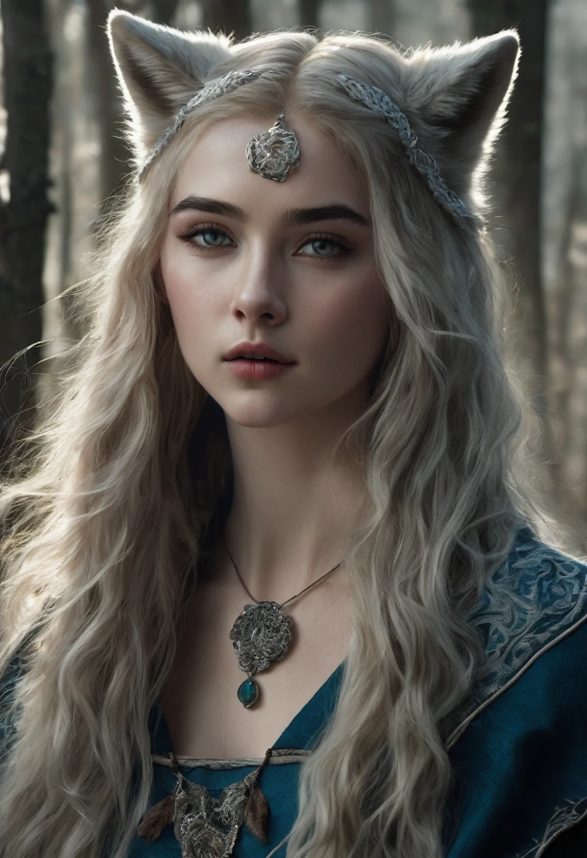 a girl, aurburn hair, irish eyes,thin heart shape lips, long hair, gives a mythical wolf vibe