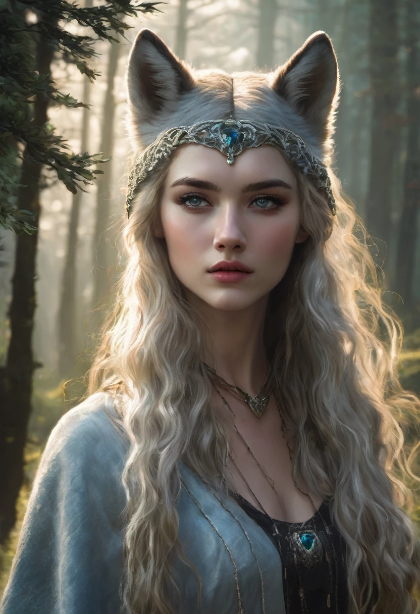 a girl, aurburn hair, irish eyes,thin heart shape lips, long hair, gives a mythical wolf vibe