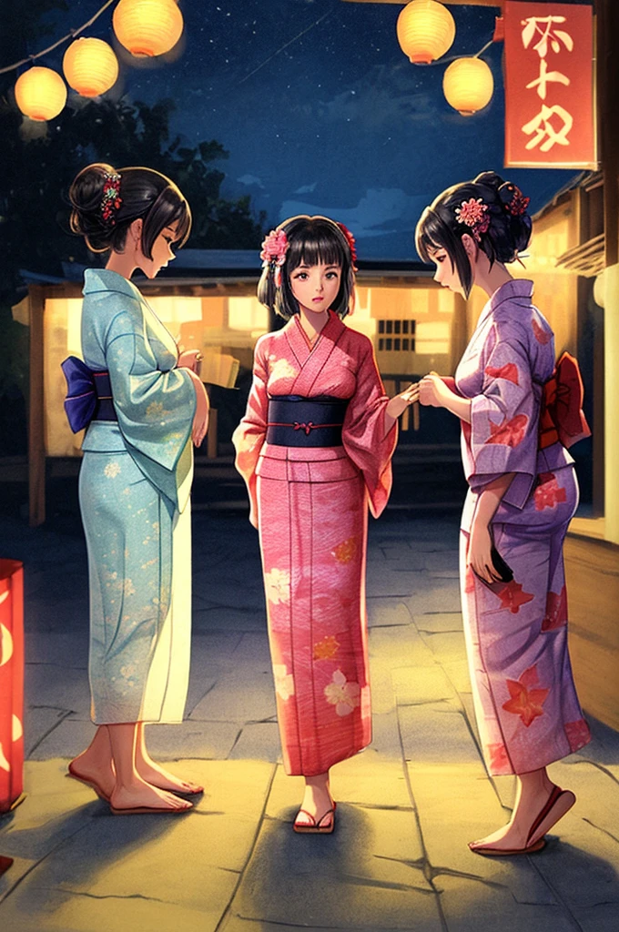 Summer festival,woman,yukata,An illustration,night,3 people,Domestic