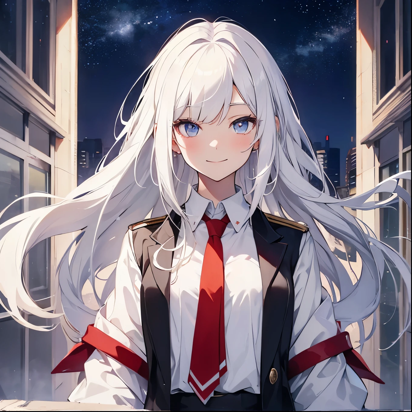 white hair, long hair, eyes with stars, female, high school student, masterpiece, White , Red Tie, smiling face