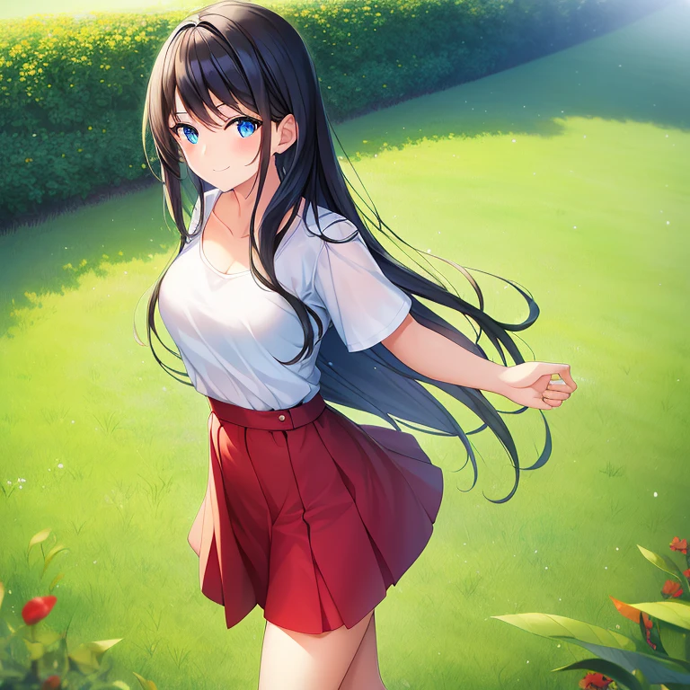 Masterpiece, best quality, high quality, 1girl, has long black hair, Blue eyes, wearing plain white shirt with red skirt, walking in the grassland, absurdres, high res, ultrasharp, 8K, masterpiece, looking at viewer, smiling, Sunny day, Blue sky