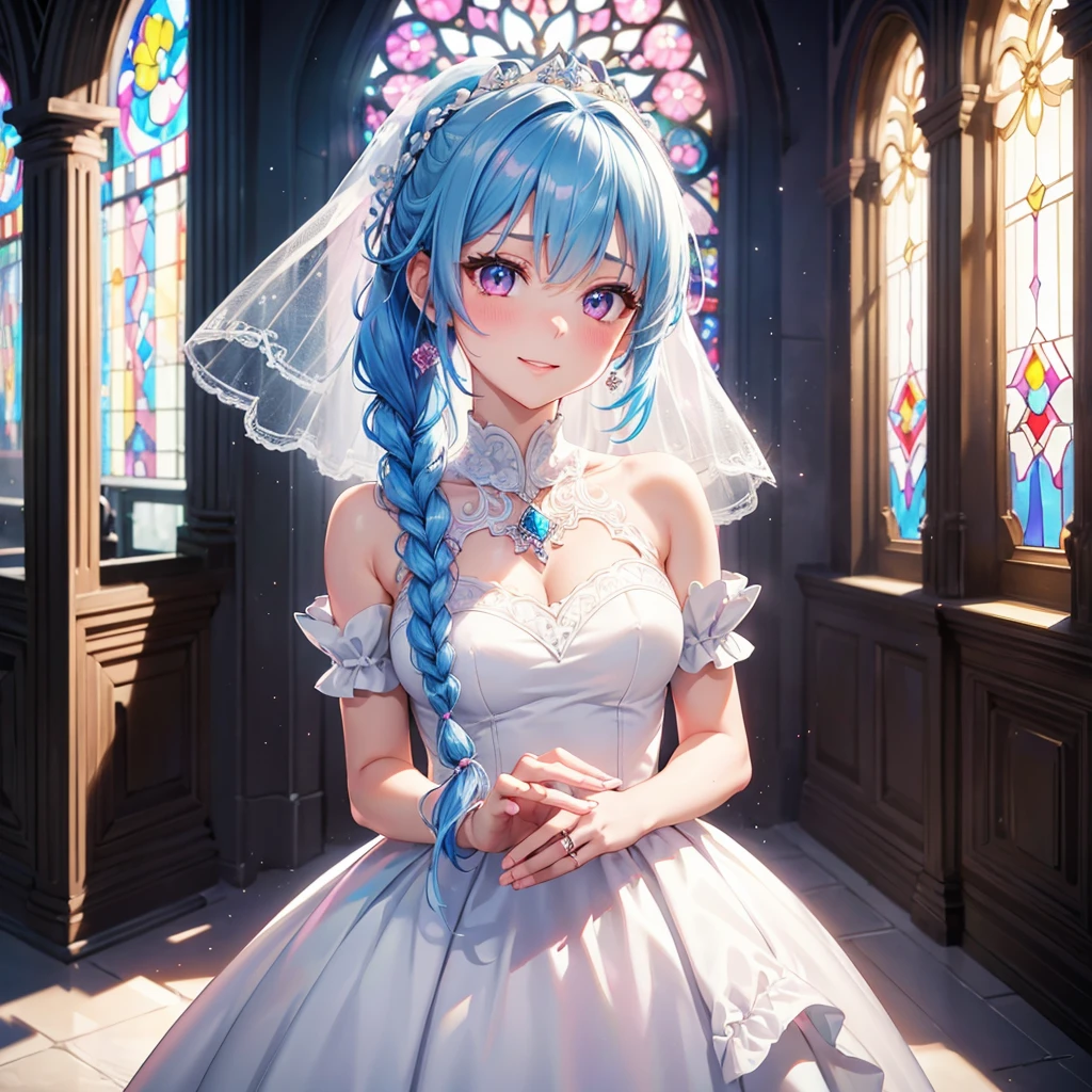 Sky blue hair, (Braided Ponytail),(Pink Eyes),Fair skin ,(whole body),(One Girl),bride,Big smile,Straight bangs, 6月のbride,Wedding dress,(masterpiece, Highest quality, Very detailed, Best Shadow), (Detailed Background), (Beautifully detailed face), High Contrast, (Best lighting, Very delicate and beautiful), ((Cinematic Light)), colorful, Hyper Detail 8k, Dramatic Light, Intricate details,Pure white sparkling background,A bouquet of roses in the right hand,Ring on left ring finger、cathedral、Stained glass、Sacred Light、