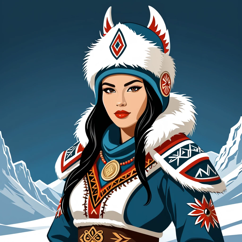 female warlord in eskimo folk outfit ,vector graphics, strong contours, logo design