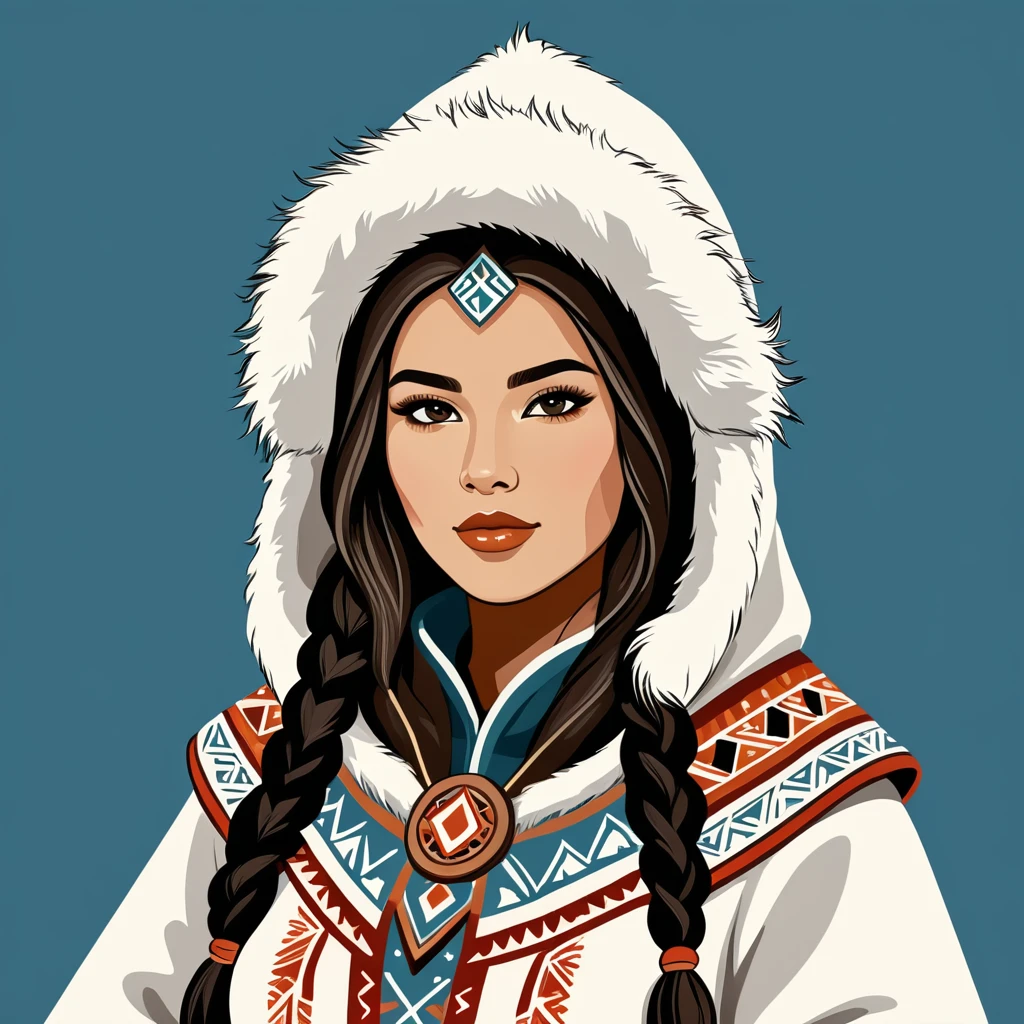 female warmage in eskimo folk outfit ,vector graphics, strong contours, logo design