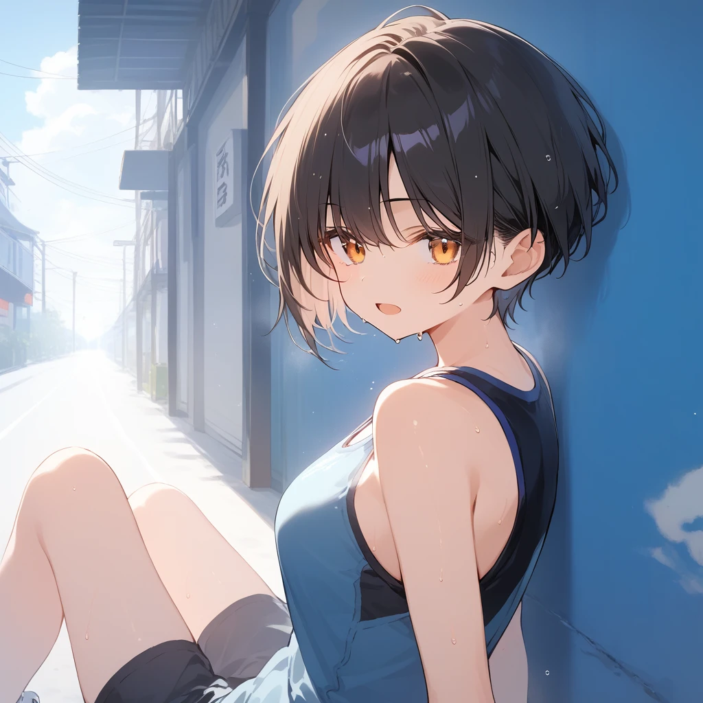 score_9, score_8_up, score_7_up, source_anime, best quality, masterpiece, official art, absurdres, highres, ultra-detailed,waifu2x,Collection: Serious Beauty,break,1girl, very short hair, pixie cut, breasts, beautiful detailed eyes, expressionless, sportswear, shorts, sweat, open mouth, (yawn:0.3), sleepily, outdoors, wind, break,(clear line illustration:1.2), super detailed skin,very high resolution, very aesthetic, Best sexual lighting powered by famous artist, 8k, beauty illustration,photoshop_(medium),,(Detailed Lighting),best anime 8k konachan wallpaper, pixiv contest winner, artist:da-kuro,artist:carnelian ,artist:kantoku ,