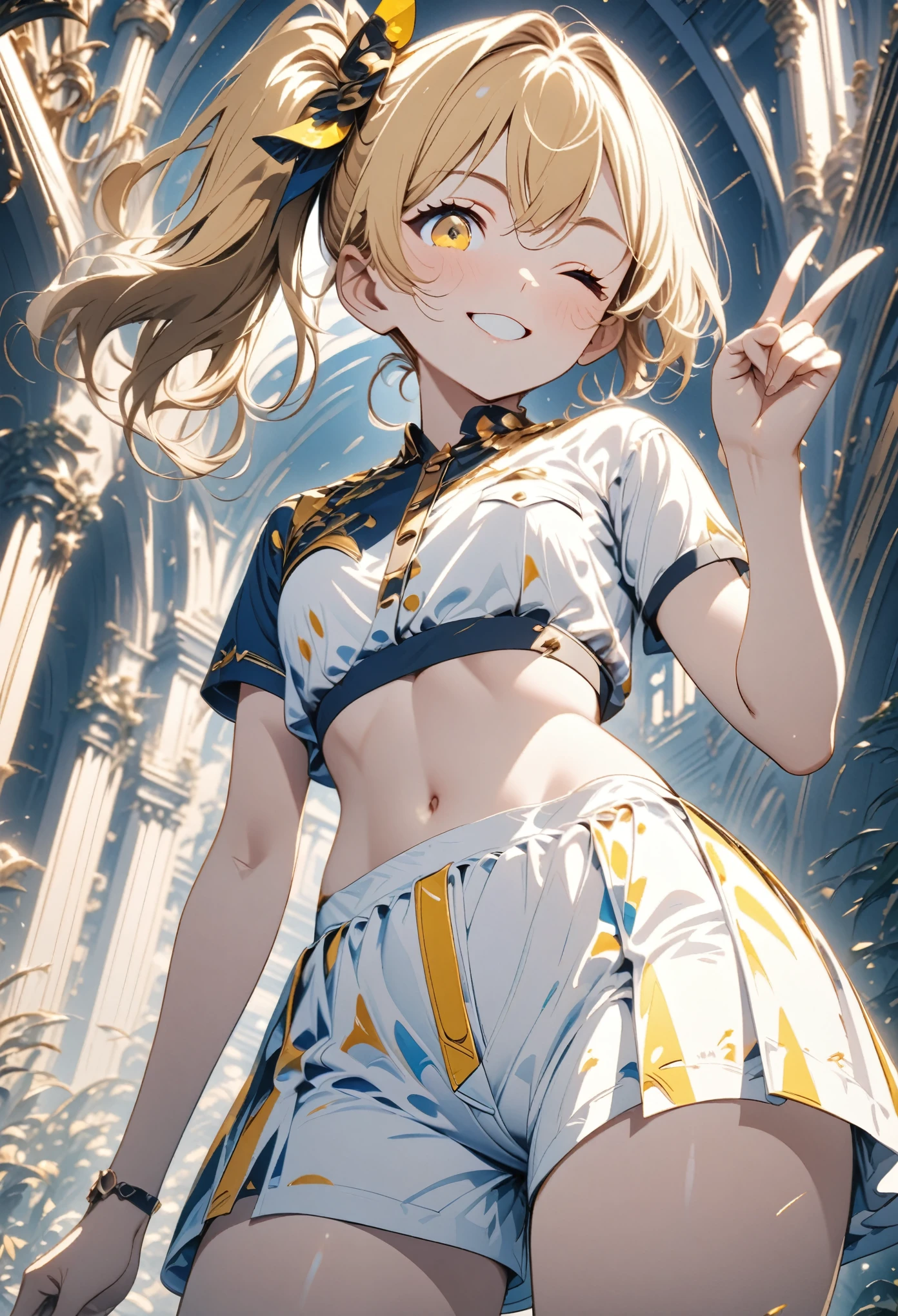 (master piece),(best quality),(ultra detailed),２D anime,One Woman:1,(**** girl:1),(side ponytail:1),(gold hair, white inner hair:1),(yellow eye:1),small breasts, midriff peek:1, (from below:1),(cowboy shot), (look at viewer), (peace fingers), (standing), (one eye closed),