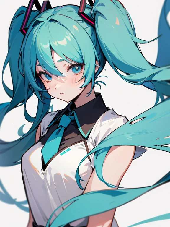 miku hatsune, A wistful look, Pale shadows, animesque, Twin-tailed, face with high quality, with outline, Bokaro, Raking up your hair, Illustration style, Awesome cutest, Warm, neck tie, full bodyesbian