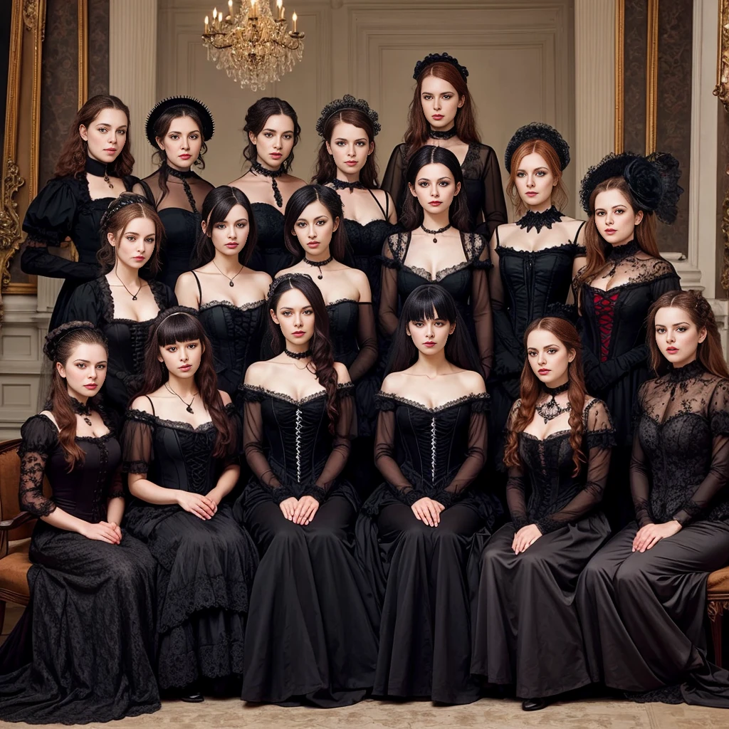 beautiful group of 18 woman dutch wearing gothic costume focus on face
