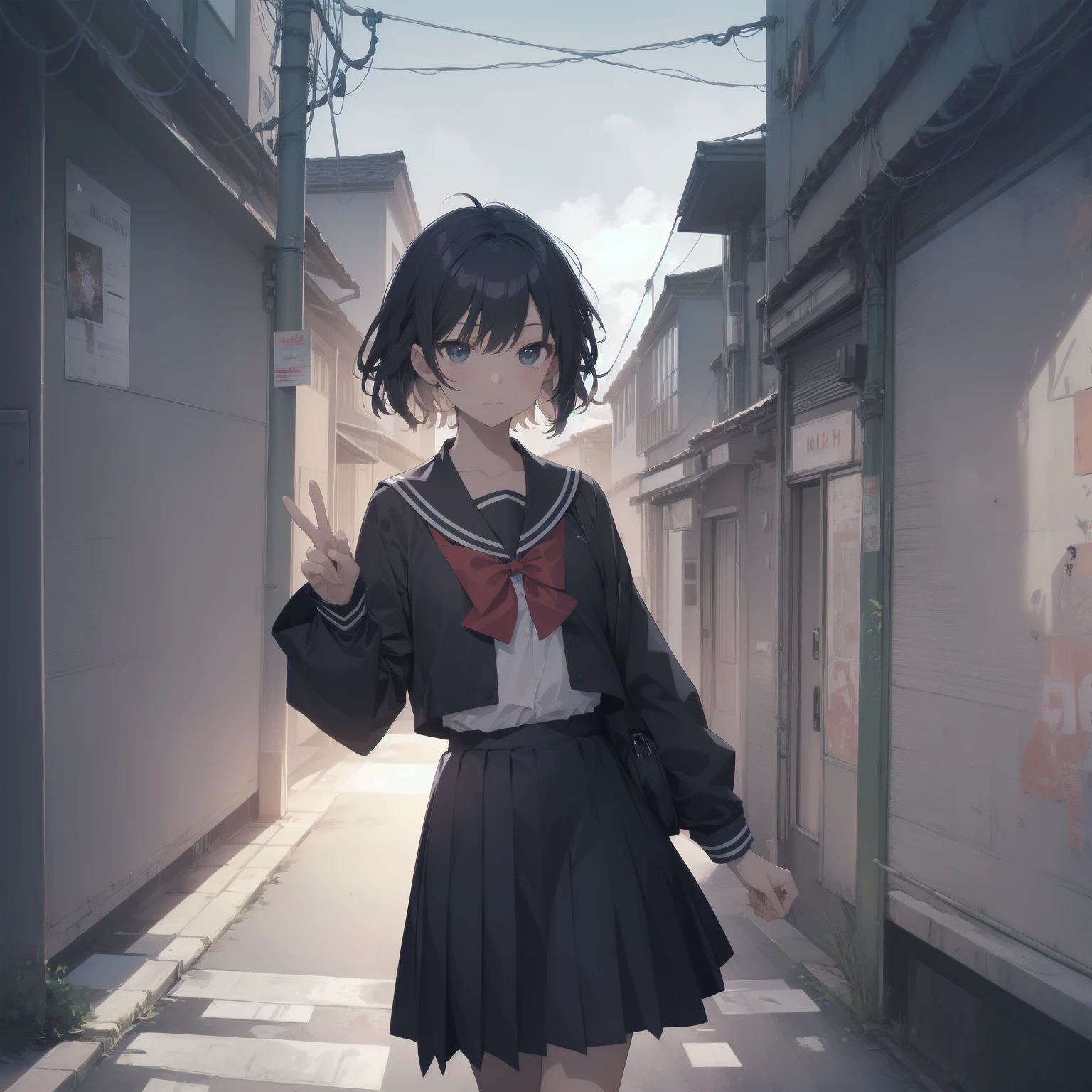 ultra-absurdres-Top quality by artist God, ultra-detailed, high resolution, anime moe artstyle, best anime 8k konachan wallpaper, pixiv contest winner, pool:2810, perfect anatomy,break, 1girl, (Please draw a girl walking sleepily to school alone. )break,(Solo,little female, 13-year-old:1.3),Full limbs, complete fingers,a junior high school student, (very short hair), short cut, flat chest, , small butt, small black eyes, beautiful detailed eyes, well-proportioned iris and pupils, expressive eyes, highres detailed hair, soft expression, salor school_uniform, sailor collar, serahuku, bow, pleated skirt,(Detailed Lighting), (Detailed background), in the School commute route. break,super detailed skin, Best cinematic lighting powered by famous artist, 8k,beauty illustration,photoshop_(medium),very aesthetic,break,((artist:haruhisky )), artist:clamp ,artist:carnelian ,artist:kantoku ,