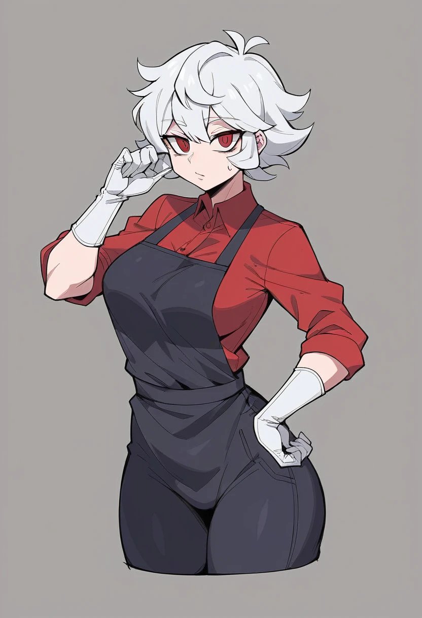 1girl, pandemonica \(helltaker\), ((blue elbow gloves)), ((surgical gloves)), ((latex gloves)), (red shirt), ((long sleeves)), (black apron), (pants), looking at viewer, standing, solo
