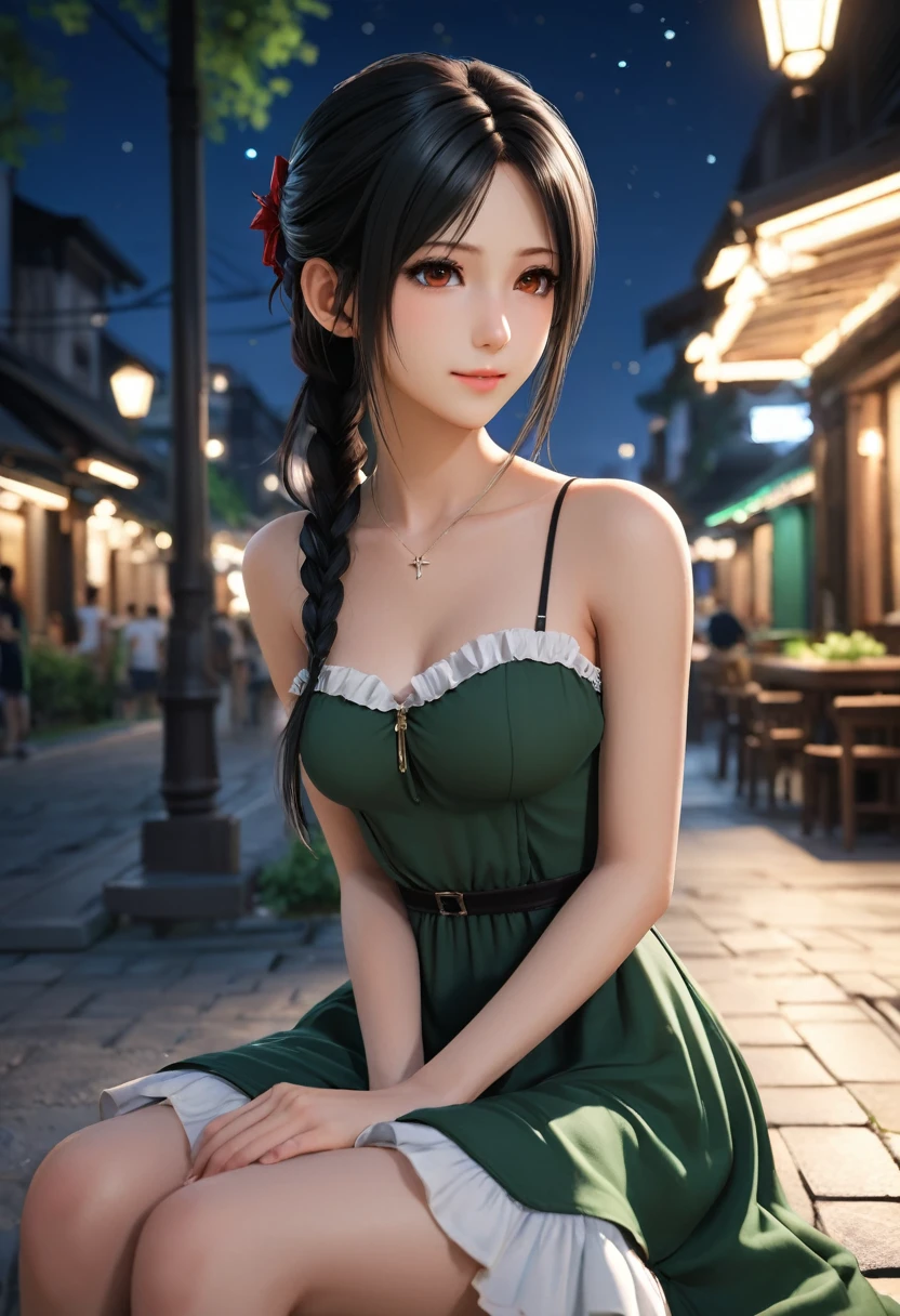 Tifa Lockhart, mksks style, (Highly detailed background:1.0), (Highly detailed background:1.0), Final Fantasy VII Remake, (Red eyes), One girl, Exposing shoulders, Princess Dress, Black Hair, Green Dress, No sleeve dress , Sundress, Home, Long Hair, night, night null, Open your mouth, Outdoor, ponytail, Sitting, null, No sleeve, No sleeve dress, star (null), starry null, town, Dilapidated, Small breasts, ((White frills)), (White Dress), 