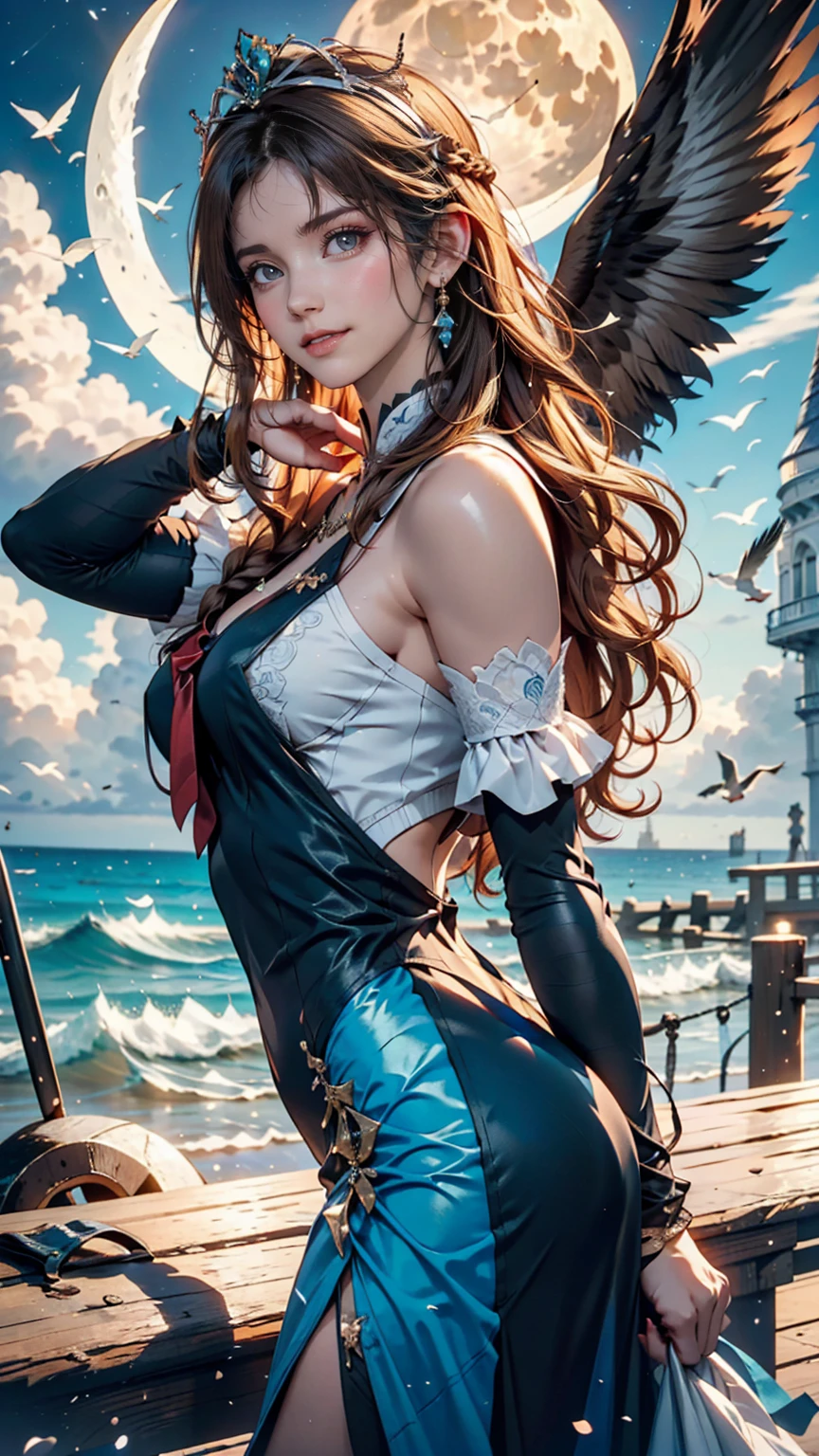,((Highest quality))),8k,((masterpiece)),(Very sophisticated and beautiful), A girl emerges from the sea, The Swan Princess of Russian Mythology, Beautiful calm face, blue eyes, Long blonde hair braided, Moon braid at the back of the head, With a kokoshnik crown on his head、White and shiny old Russian clothing, Loving eyes, Half-laugh, There was a gentle look on his face, Background seascape and sunlight, Seagulls in the sky, full length, realism