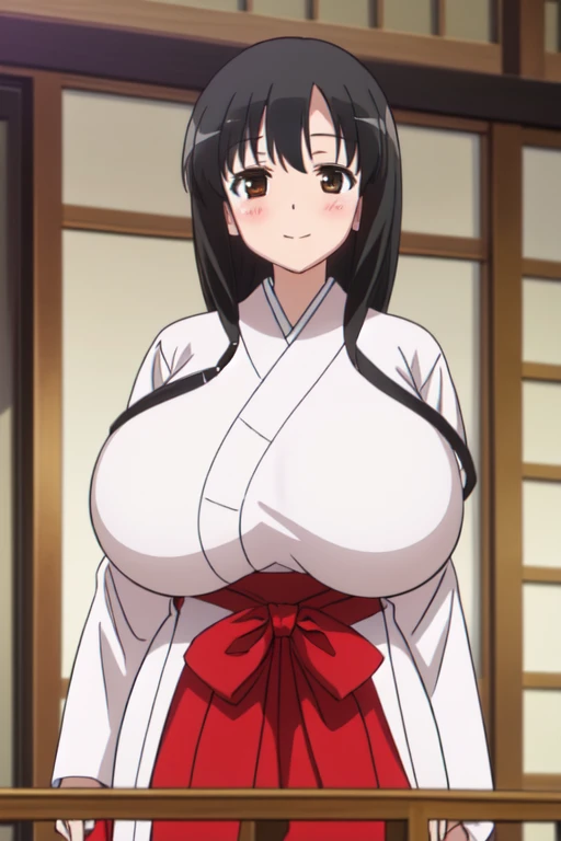 anime screencap, masterpiece, best quality, high resolution, 2D, anime cels, best quality, high resolution, 1girl, kasumi iwato, japanese clothes, japan architecture, (huge breasts:1.6), blush, embarrassed, smile, looking away