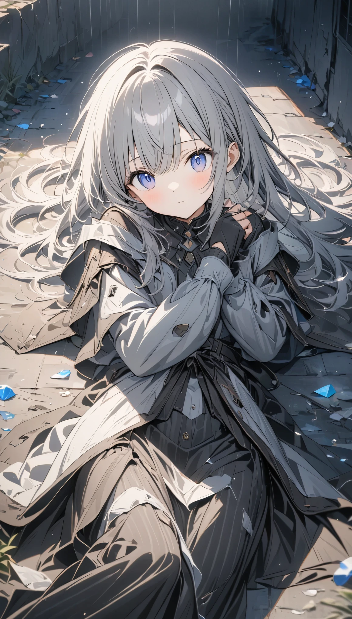 Best Artist,anime,(8k, Highest quality)、Ultra-high resolution、Adorable、Highest quality, beautiful, Absurd beauty、masterpiece、Best image quality、Rainy old background,Broken Android,A sad and poignant piece,Grey World,An android girl who continues to believe even after being abandoned by humans,My body is discharging electricity,Lying down and unable to move,Oil spreading on the ground
