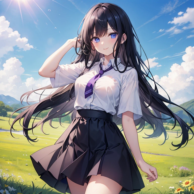 Masterpiece, best quality, high quality, 1girl, solo, has long black hair, Blue eyes, wearing plain White shirt with Purple skirt, pretty face, medium breasts, walking in the grassland, absurdres, high res, ultrasharp, 8K, masterpiece, looking at viewer, smiling, Sunny day, Blue sky