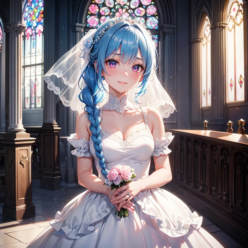 Sky blue hair, (Braided Ponytail),(Pink Eyes),Fair skin ,(whole body),(One Girl),bride,Big smile,Straight bangs, 6月のbride,Wedding dress,(masterpiece, Highest quality, Very detailed, Best Shadow), (Detailed Background), (Beautifully detailed face), High Contrast, (Best lighting, Very delicate and beautiful), ((Cinematic Light)), colorful, Hyper Detail 8k, Dramatic Light, Intricate details,Pure white sparkling background,A bouquet of roses in the right hand,Ring on left ring finger、cathedral、Stained glass、Sacred Light、Virgin Road、altar、