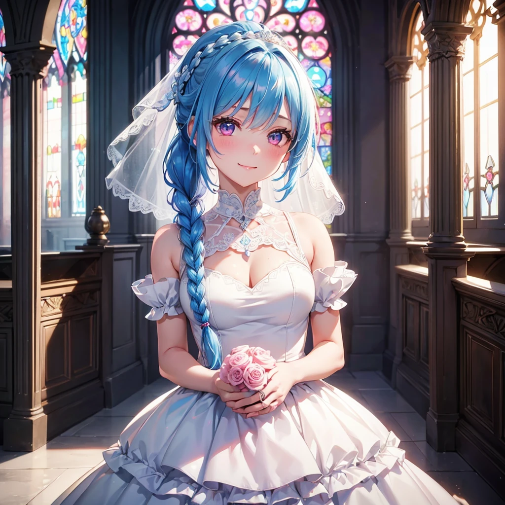 Sky blue hair, (Braided Ponytail),(Pink Eyes),Fair skin ,(whole body),(One Girl),bride,Big smile,Straight bangs, 6月のbride,Wedding dress,(masterpiece, Highest quality, Very detailed, Best Shadow), (Detailed Background), (Beautifully detailed face), High Contrast, (Best lighting, Very delicate and beautiful), ((Cinematic Light)), colorful, Hyper Detail 8k, Dramatic Light, Intricate details,Pure white sparkling background,A bouquet of roses in the right hand,Ring on left ring finger、cathedral、Stained glass、Sacred Light、Virgin Road、altar、