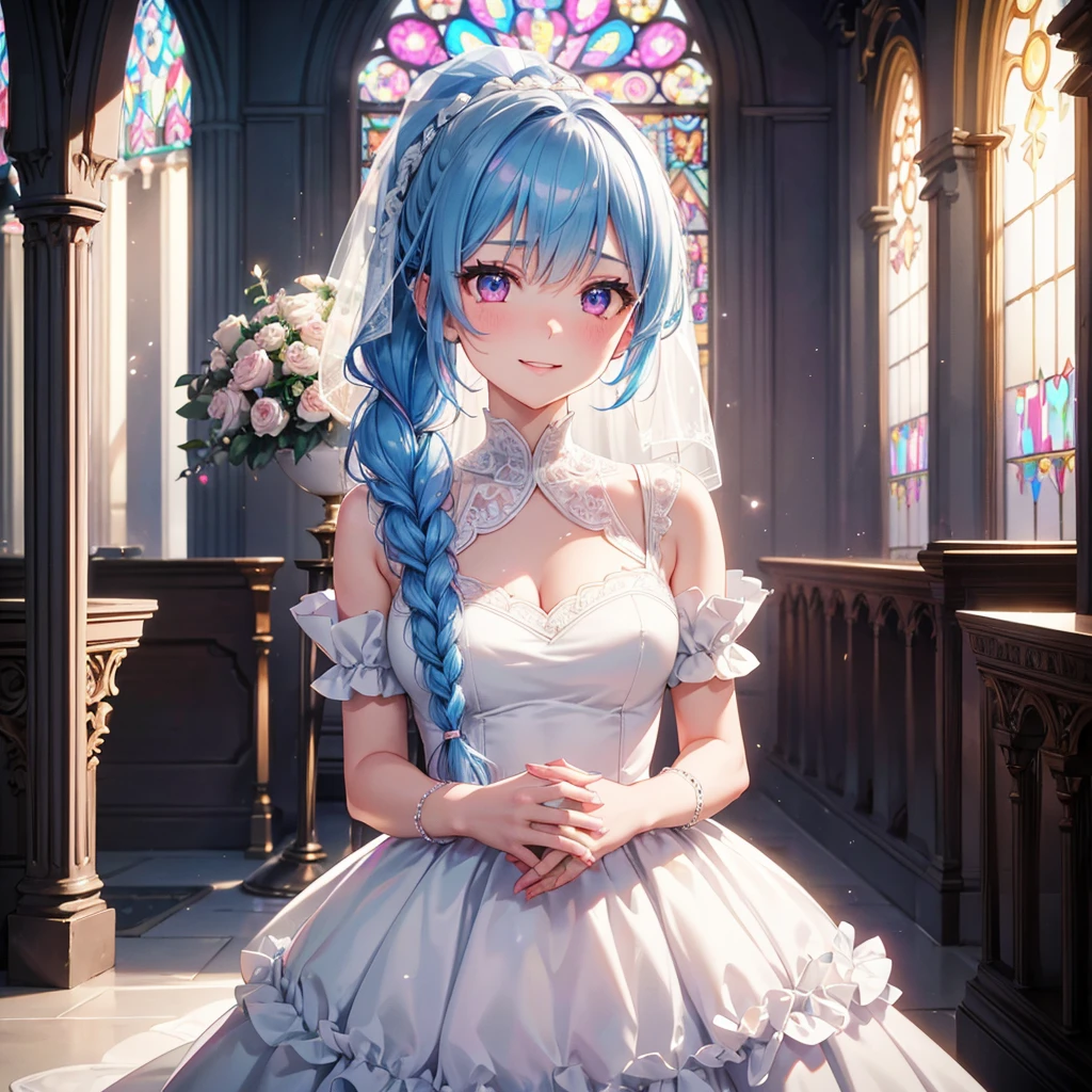 Sky blue hair, (Braided Ponytail),(Pink Eyes),Fair skin ,(whole body),(One Girl),bride,Big smile,Straight bangs, 6月のbride,Wedding dress,(masterpiece, Highest quality, Very detailed, Best Shadow), (Detailed Background), (Beautifully detailed face), High Contrast, (Best lighting, Very delicate and beautiful), ((Cinematic Light)), colorful, Hyper Detail 8k, Dramatic Light, Intricate details,Pure white sparkling background,A bouquet of roses in the right hand,Ring on left ring finger、cathedral、Stained glass、Sacred Light、Virgin Road、altar、