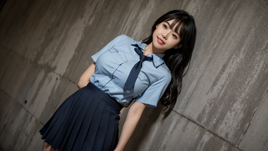 Perfect lighting, Black, Side light, Detailed face, bangs, Light Skin 1 Japanese Girl, Woman in her 20s, Perfect figure, Transparency, Large Breasts, Thick thighs:1.5, Navy blue tie, Navy blue mini pleated skirt, Light blue shirt, Not a figure, Realistic Women, Standing in front of a concrete wall, Toothy smile, Angle from below, Her shirt is tight around her big breasts, I'm proud of my butt,