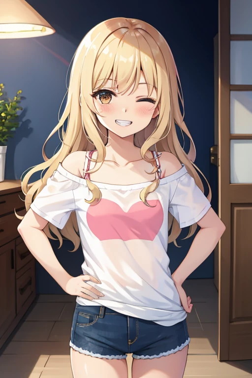 Young girl, long wavy hair, blonde hair, light brown  eyes,one eye closed,hair over shoulders,shining      eyes, small breasts, short stature, (happy smile,clenched teeth), (blush), white off shoulder t-shirt with  name written "ESSIE" printed on it, denim shorts,   (standing,hands on hip),pov from front,house,indoor,looking at viwer,solo focus