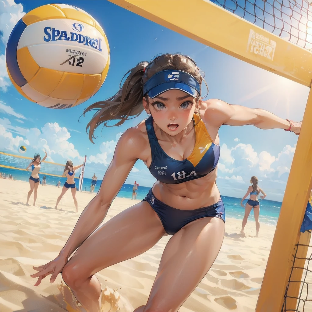 masterpiece, (textured skin), best quality, gorgeous beautiful girl, (a female beach volleyball athlete), detailed clothes,large breasts,narrow waist,, (beautiful face), cinematic lighting, (at beach volleyball venue ),