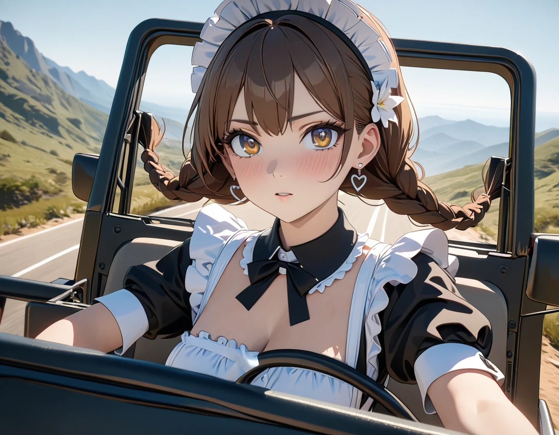 ((best quality)), ((masterpiece)), (detailed), perfect face, ((Best quality, 8k, Masterpiece: 1.3)), Sharp focus, Highly detailed face and skin texture, Detailed eyes, Double eyelid, brown hair, low twin braids, hair flower, heart earrings, A maid costume with frills, white brim, high resolution, Textured skin, anime style, A maid driving a jeep, Jeep Wrangler Sport, Running on mountain roads