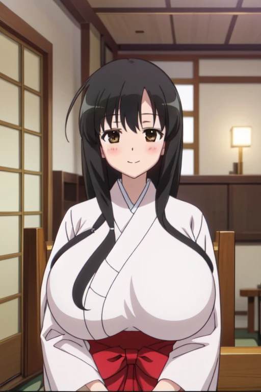 anime screencap, masterpiece, best quality, high resolution, 2D, anime cels, best quality, high resolution, 1girl, kasumi iwato, japanese clothes, japan architecture, (huge breasts:1.5), blush, embarrassed, smile, looking away