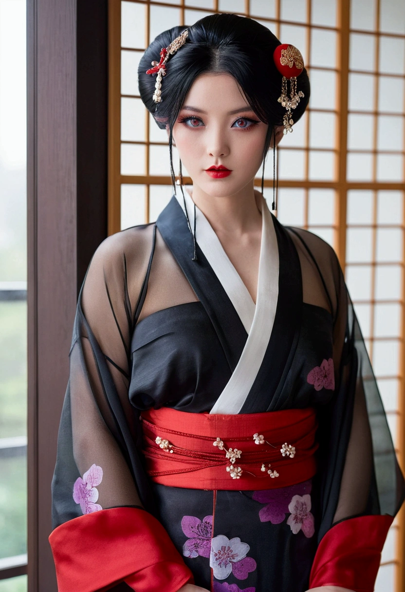 looking at the viewer, Blue eyes, black hair, hair ornaments, Upper body, kimono, kimono, sash, compensate, lipstick, red nails, red lips, Hairpin,silk stockings ,See-through hakama， dark purple eyes，whole body　,Open Crotch See-Through,Black face veil , black nylon , silk stockings ,See-through hakama、A transparent black kimono　,sheer ,enamel high heels,pearl necklace,red collar,straight,　shortcut,　hair ornaments, lingerie