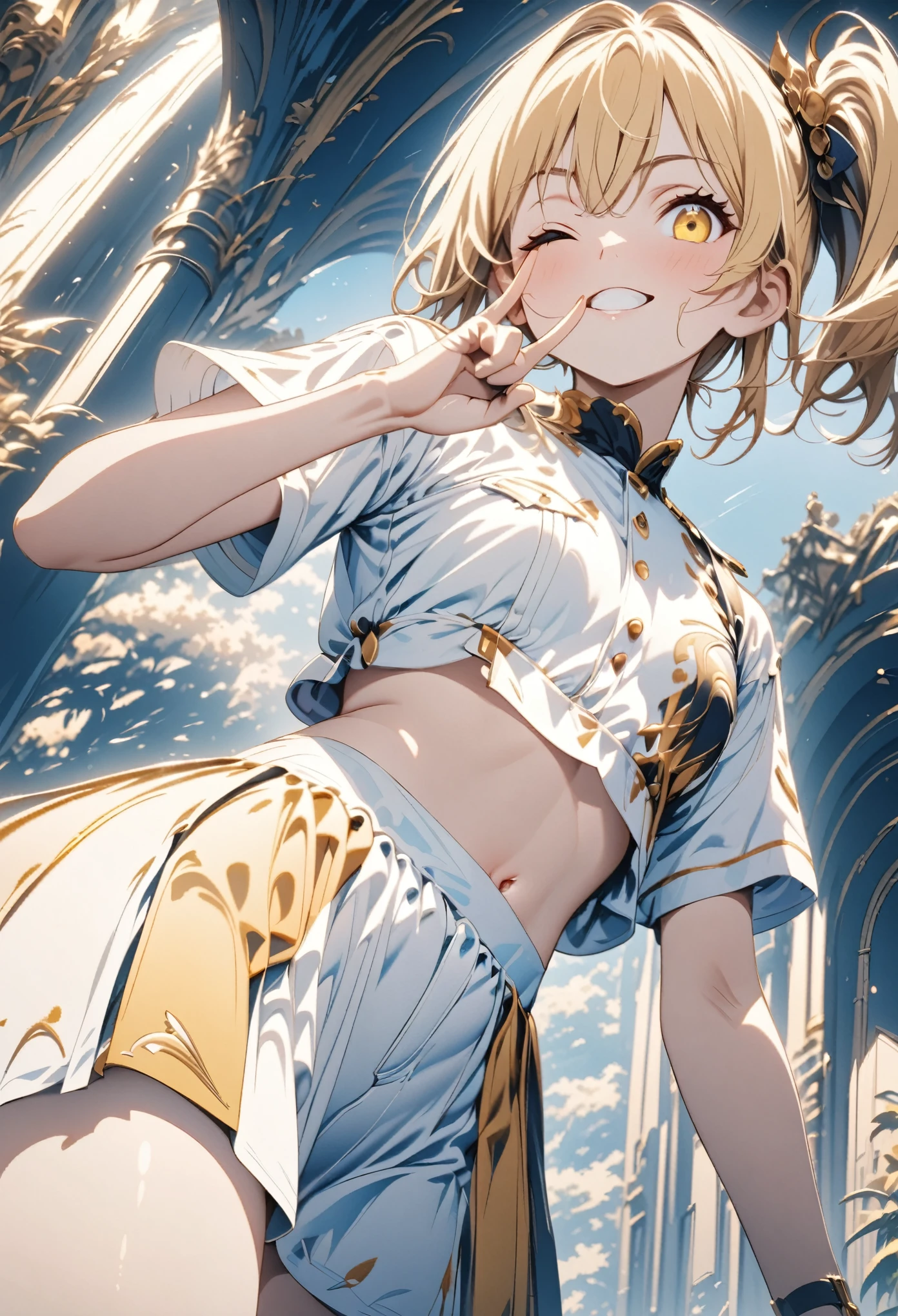 (master piece),(best quality),(ultra detailed),2D anime,One Woman:1,(15yo girl:1),(side ponytail:1),(gold hair, white inner hair:1),(yellow eye:1),small breasts, midriff peek:1, (from below:1),(cowboy shot), (look at viewer), (peace fingers), (standing), (one eye closed),