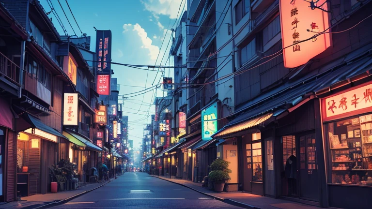 Japan, neon, street, plant, null,wire,cloud,Flying Bird,,Highest quality, masterpiece, Very detailed