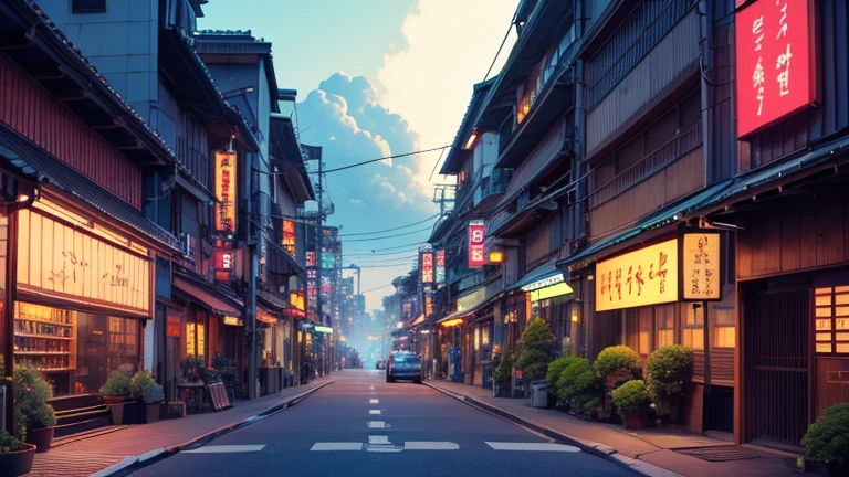 Japan, neon, street, plant, null,wire,cloud,Flying Bird,,Highest quality, masterpiece, Very detailed