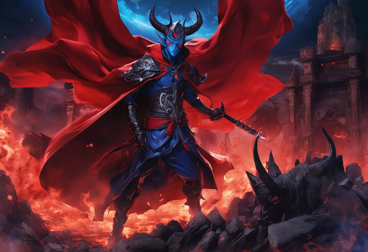 Against the backdrop of smoldering ruins,   demon king、Blue skin、eyeball on forehead、Two horns sticking out from his forehead、Wearing a red cloak、Mage Outfit、As the dark entity exerts its other-dimensional power on Earth, Clash of 2.5D realism and captivating anime style