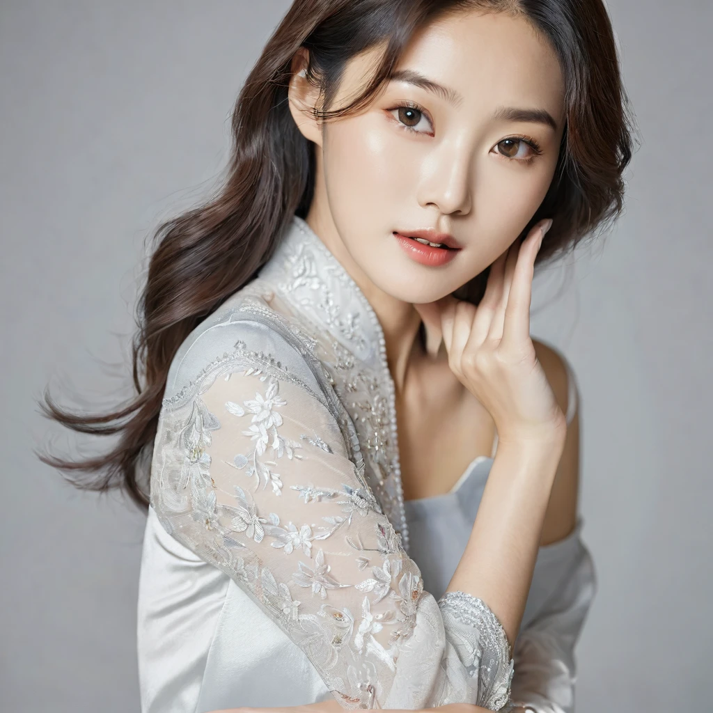 A beautiful Korean woman extends her hand to the left.