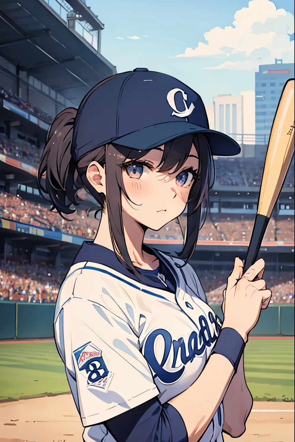 baseball player、Beauty、Pen.、Hold the bat with both hands、Baseball uniform、Upper Body、Innocent expression、Sexy、Large breasts