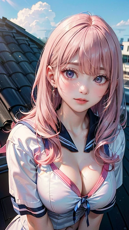 ((Highest quality, 8k, masterpiece :1.3)), (Sharp focus :1.2, Beautiful woman with perfect figure :1.4, Slim Abs), ((Big Breasts, Emphasize cleavage:1.2)), (Photorealistic:1.4), (realistic:1.4), (Pink Hair:1.5), Highly detailed face and skin texture, Fine grain, double eyelid. Makeup face, A little bit of lipstick, sex appeal, Sexy gravure pose, ((She was wearing a white sailor suit with a blue ribbon as a highlight.、A high school girl with medium-long black hair、Posing sexy in the wind on the school roof。The blue sky spreads in the background。:1.3)