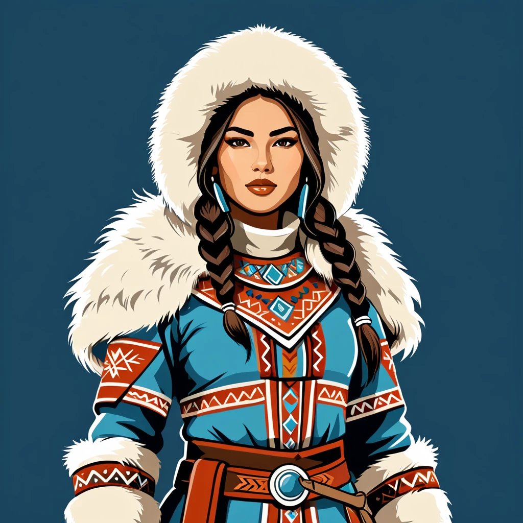 female warrior in eskimo folk outfit ,vector graphics, strong contours, logo design